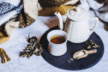 Tasse d'infusion de menthe poivr&eacute;e et th&eacute;i&egrave;re avec fond cocooning