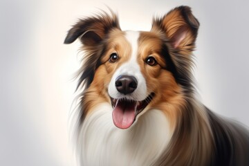 Portrait of a smiling shetland sheepdog while standing against plain white digital canvas