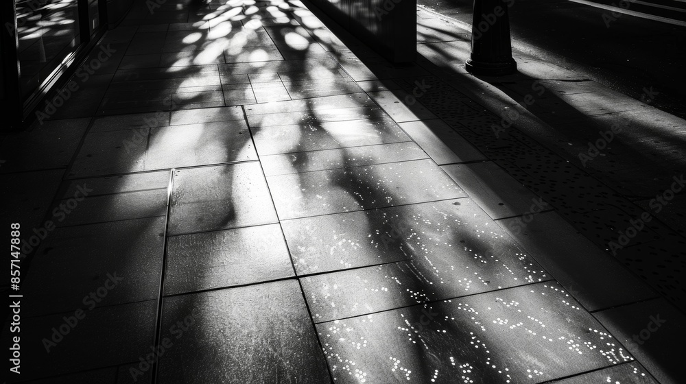 Aufkleber sunlight filtering through the windows of a skyscr casting intricate reflections on the sidewalk bel