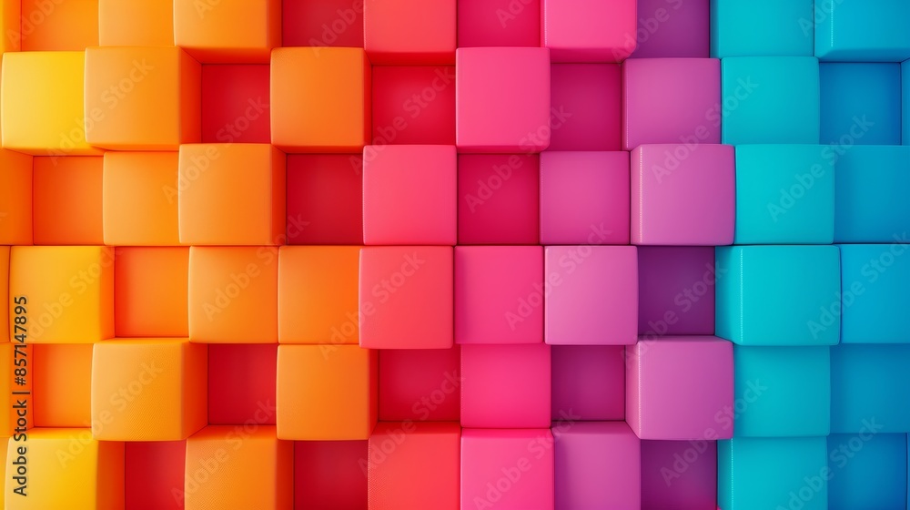 Poster abstract geometric pattern with vibrant colors - rainbow gradient cube wall.