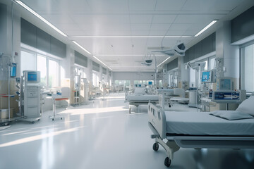 Obraz premium Hospital intensive care ward with empty beds. Modern clinic with advanced equipment. Best medical healthy treatment center