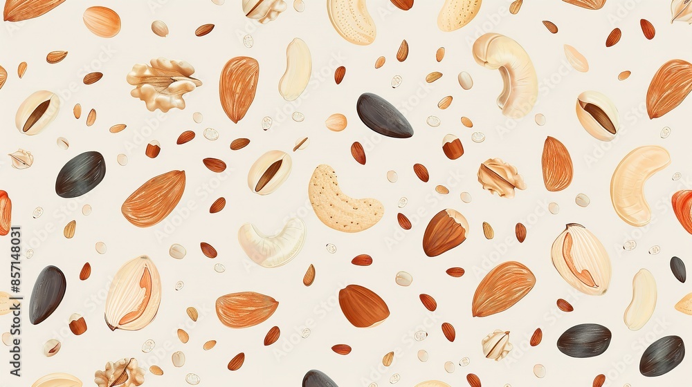 Wall mural An illustration of various roasted nuts as a seamless pattern on plain soft peach color backdrop for background or printing purpose, Generative AI. - Wall murals