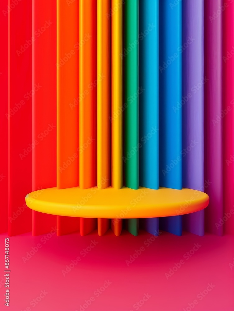 Poster abstract rainbow background with yellow platform for product display.