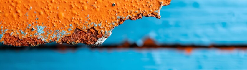 Obraz premium abstract orange and blue paint texture with peeling layers on a wall.
