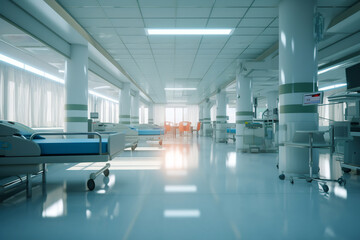 Obraz premium Hospital intensive care ward with empty beds. Modern clinic with advanced equipment. Best medical healthy treatment center