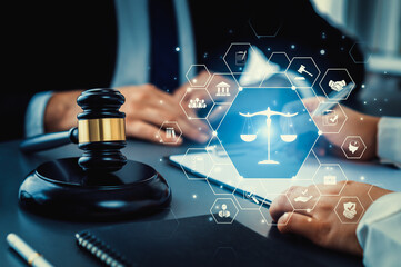 Smart law, legal advice icons and lawyer working tools in the lawyers office showing concept of...