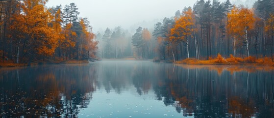 Autumn Forest Reflection In Calm Lake.