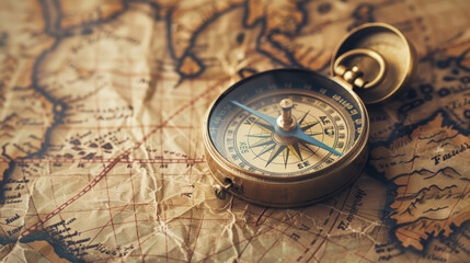 Vintage Compass on Old Map with Nautical and Geographic Details
