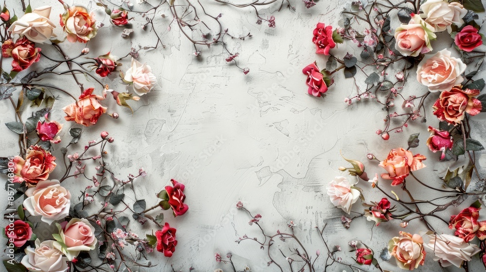 Poster roses framework on gray background with copy space texture floral pattern