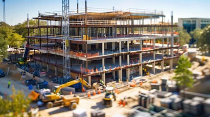 Photograph of a five-storey mixed-use modern architecture building in the final stages of construction. Zoomed-out bird's-eye view. Bright natural light.