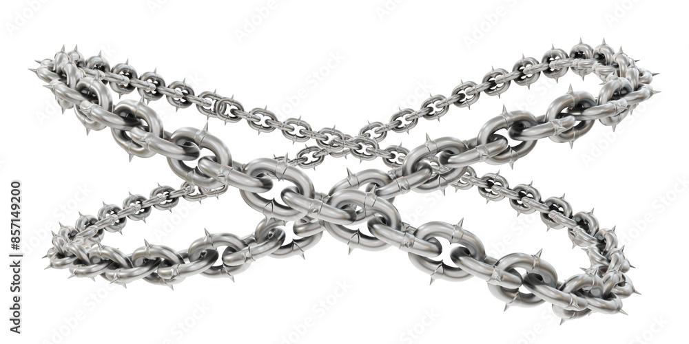 Poster 3d render features sharp-tipped chains in a dynamic dance, forming captivating circles (transparent 