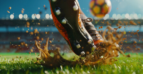 closeup  Soccer player's foot kicking the ball on the stadium background,