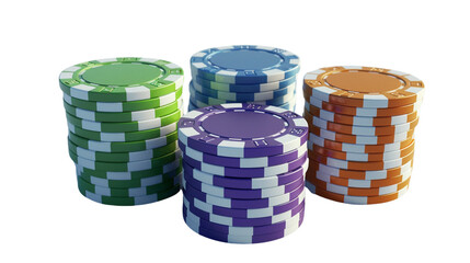 3D render of colorful stacked poker chips on a white background
