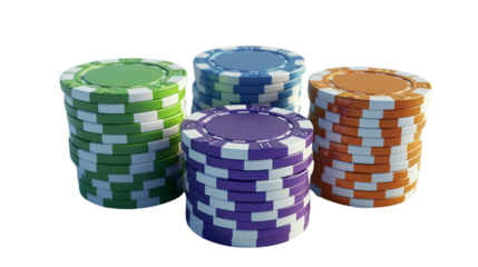 3D render of colorful stacked poker chips on a white background
