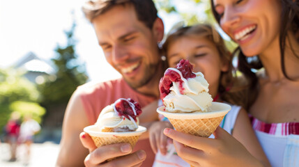 A family with kid is enjoying ice cream together