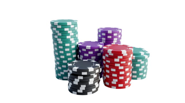 3D render of colorful stacked poker chips on a white background