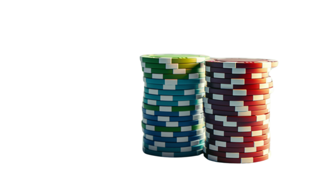 3D render of colorful stacked poker chips on a white background