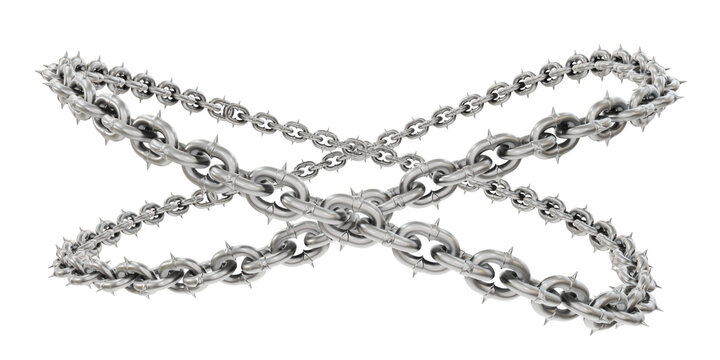  3D render showcases sharp-tipped metal chains, intricately woven into captivating circles (transparent PNG background).