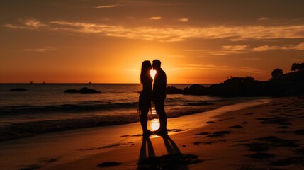 backdrop of a sunset-lit beach with silhouettes of couple