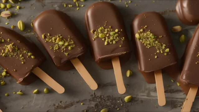 Chocolate Glazed Ice Cream Pops with Pistachio Icing in a Flatlay on Concrete. Concept Ice Cream, Dessert Photography, Food Styling, Chocolate Glazed, Pistachio Icing, Flatlay, Concrete Background