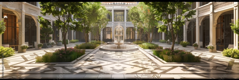 Poster a symmetrical courtyard with geometrically patterned pavement and fountains.