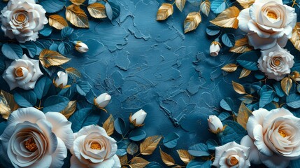 Fototapeta premium Elegant White Roses and Gold Leaves on Teal Background
