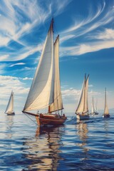 Fototapeta premium Vintage Wooden Sailboats Gliding in a Classic Regatta Against a Blue Sky