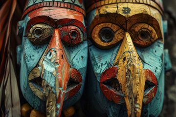 Vibrant Traditional Wooden Tribal Masks Close-Up