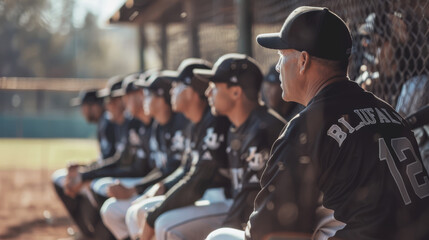 Baseball Coach Motivating Team in Dugout - Leadership, Sports Team Strategy, and Game Preparation