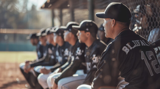 Baseball Coach Motivating Team in Dugout - Leadership, Sports Team Strategy, and Game Preparation