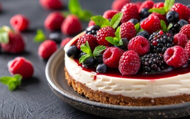 delicious cheesecake topped with raspberries, blackberries and blueberries.