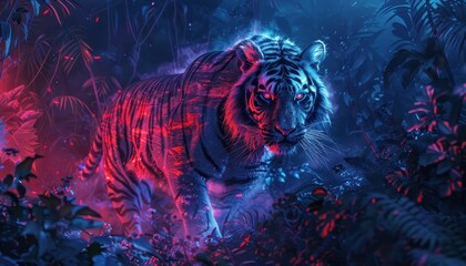 Obraz premium Mystical neon tiger in a vibrant forest at night, blending natural beauty with futuristic light effects creating a captivating scene.