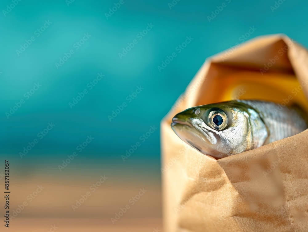 Wall mural fresh fish head in paper bag closeup photo against blue background.