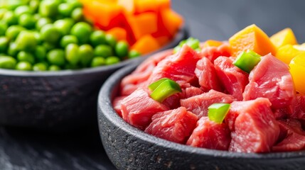 fresh raw beef cubes with green peas, carrots, and bell pepper in black bowls on slate background - close up.