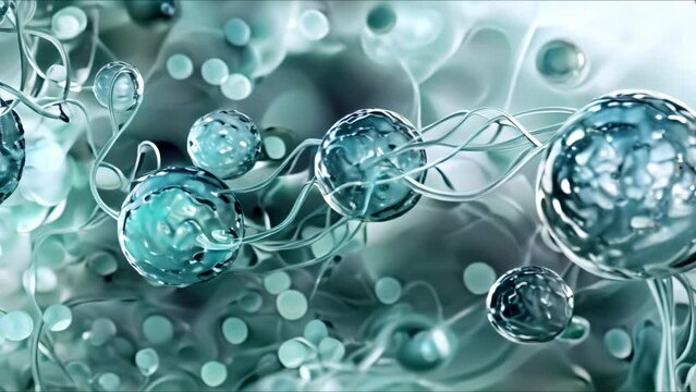 Closeup microscope view of human or embryonic stem cells under examination. Concept Microscope Imaging, Stem Cells, Human Biology, Embryonic Development, Cell Examination