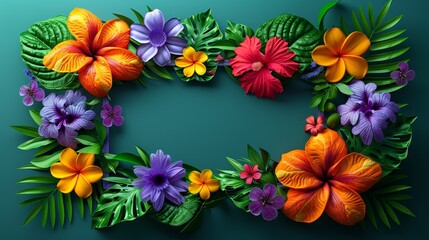 Vibrant Tropical Flowers Arranged in Elegant Frame on Teal Background