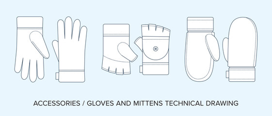 Blank Gloves and Mittens Technical Drawing, Accessories Blueprint for Fashion Designers. Detailed Editable Vector Illustration, Black and White Schematics, Isolated Background