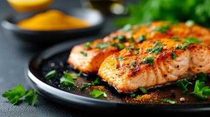 grilled salmon with parsley and spices on black plate - close up photo.