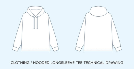 Blank Hooded Longsleeve Tee Technical Drawing, Apparel Blueprint for Fashion Designers. Detailed Editable Vector Illustration, Black and White Clothing Schematics, Isolated Background