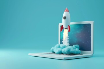 Successful online internet business. Sales skyrocketing, fast ecommerce growth. Rocket coming out of laptop screen, blue background