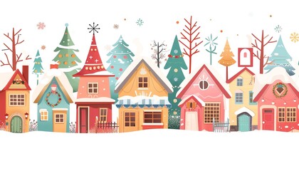 Winter village flat design front view theme quaint cartoon drawing Triadic Color Scheme
