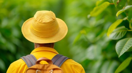 man in yellow shirt and hat walking in lush green foliage.