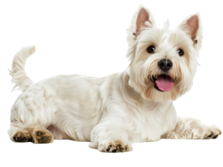 Full body shot of West Highland White Terrier dog, lying down, smiling.