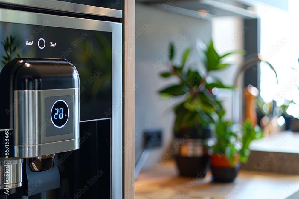 Poster high-tech smart water filter with digital display in modern kitchen setting for home efficiency