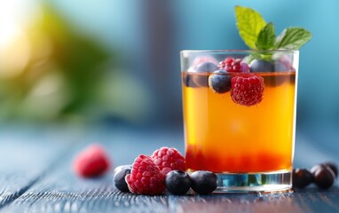 refreshing summer berry drink with mint in a glass on a rustic wooden table.