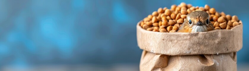 Obraz premium small bird peeking out of paper bag filled with nuts