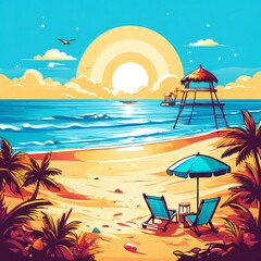 a serene beach with golden sand, turquoise water, and gentle waves.