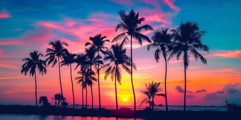 A colorful sunset on a tropical ocean beach with coconut palm tree silhouettes.
