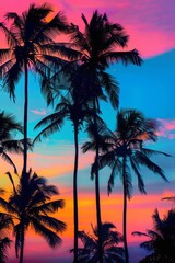 A colorful sunset on a tropical ocean beach with coconut palm tree silhouettes.
