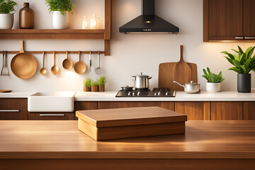 Kitchen podium background food product stand table pedestal display wooden platform. Empty podium counter wood background kitchen board desk restaurant top white light marble presentation interior. 